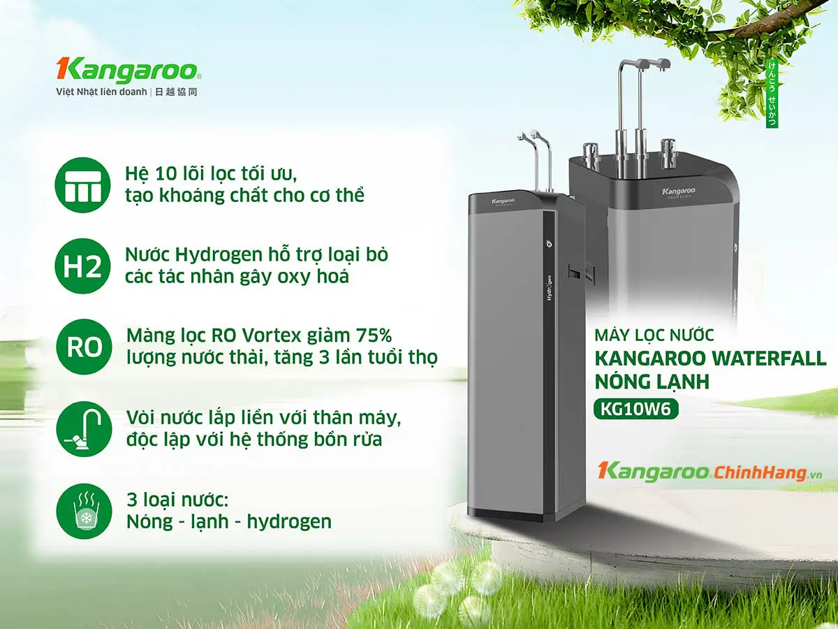 Máy lọc nước Kangaroo Hydrogen nóng lạnh Waterfall KG10W6 - Điện Máy Plus