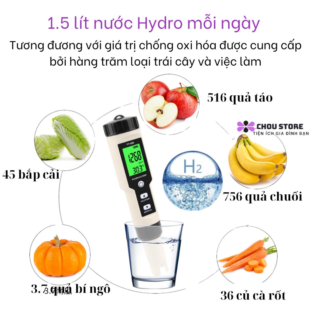 Bút đo nước ion kiềm Hydrogen đa năng 4IN1 dùng để đo pH/ORP/HYDRO/Nhiệt Độ - Điện Máy Plus