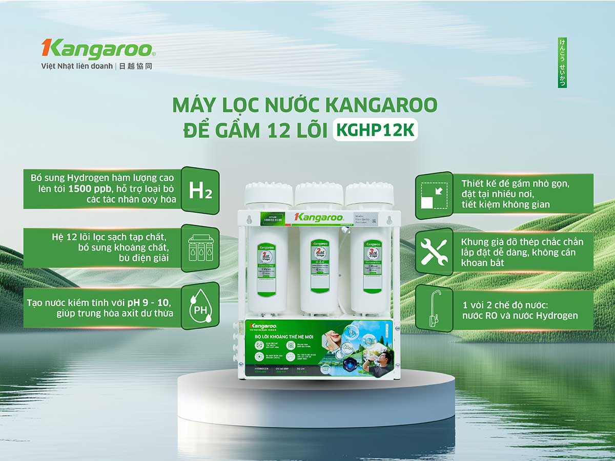 Máy lọc nước Hydrogen ion Kiềm Kangaroo KGHP12K + lõi ASEN + đèn UV – Siêu Lọc 15 Lõi - Điện Máy Plus