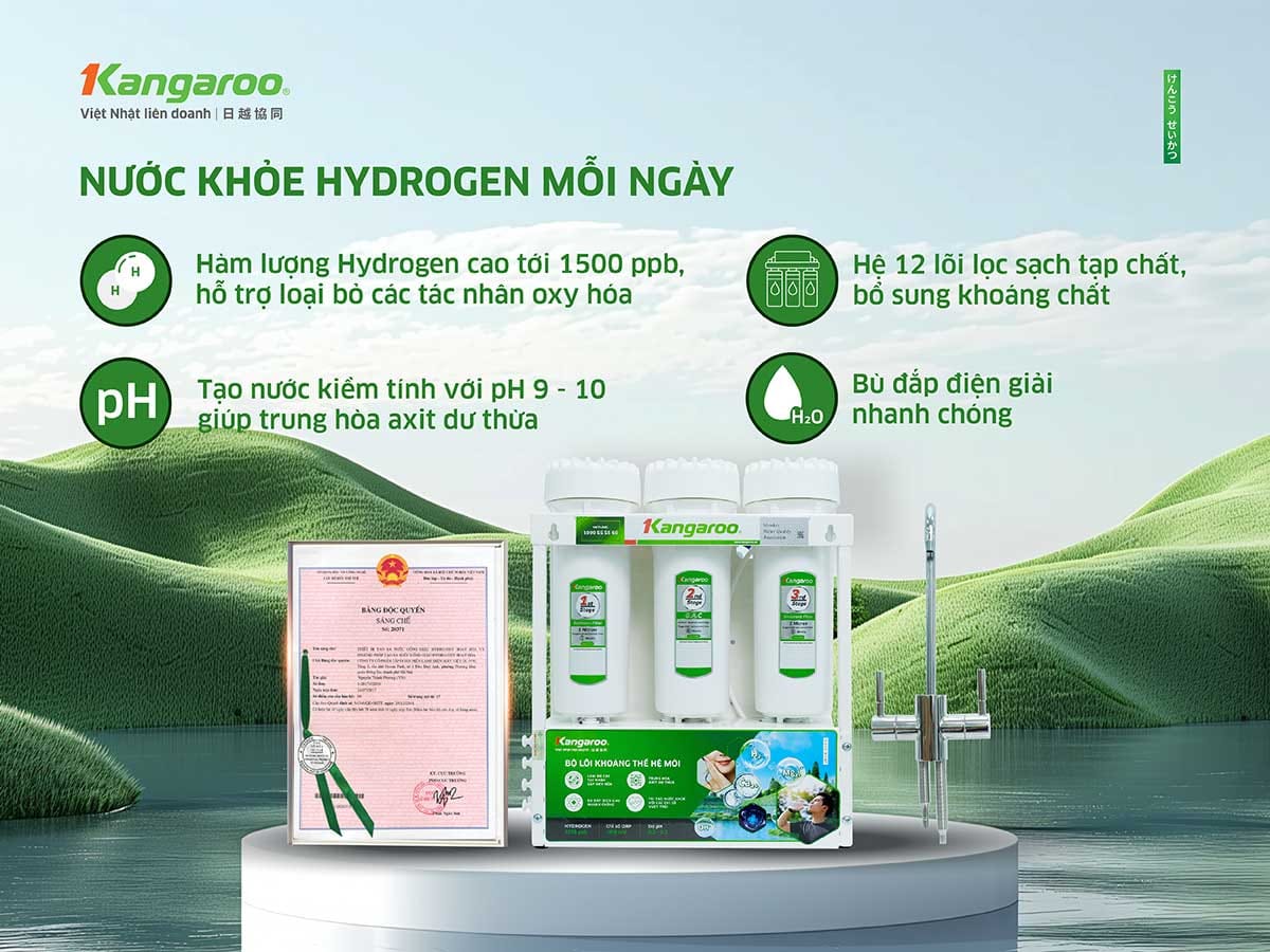 Máy lọc nước Hydrogen ion Kiềm Kangaroo KGHP12K + lõi ASEN + đèn UV – Siêu Lọc 15 Lõi - Điện Máy Plus