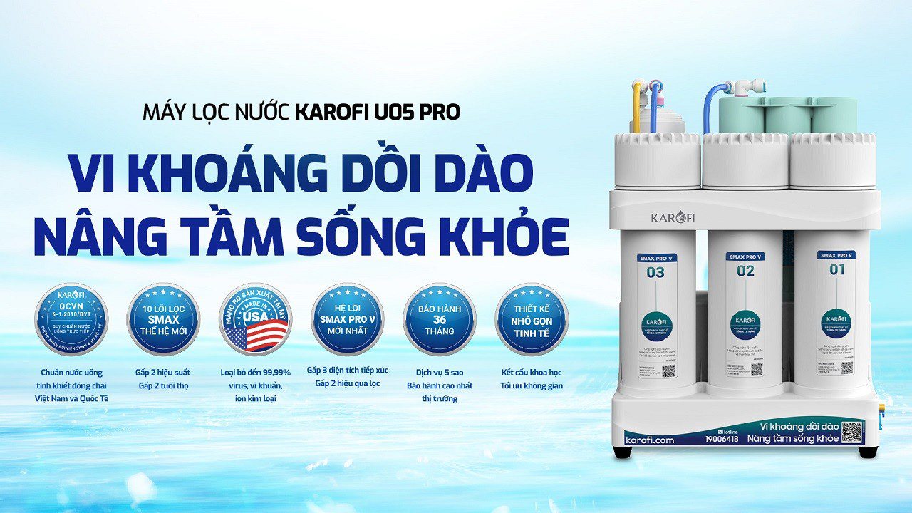 Máy lọc nước hydrogen ion kiềm Karofi KAQ-U05 Pro+AKLALINE – 11 Lõi chính hãng Máy lọc nước hydrogen ion kiềm Karofi KAQ-U05 Pro+AKLALINE – 11 Lõi - Điện Máy Plus