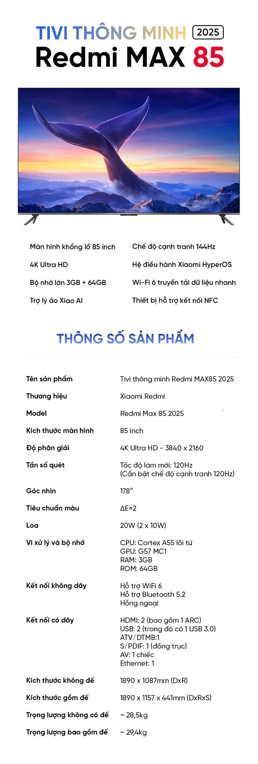 Tivi Xiaomi Redmi Max 85 Inch Nội Địa 2025 Ram3GB/64GB - Điện Máy Plus