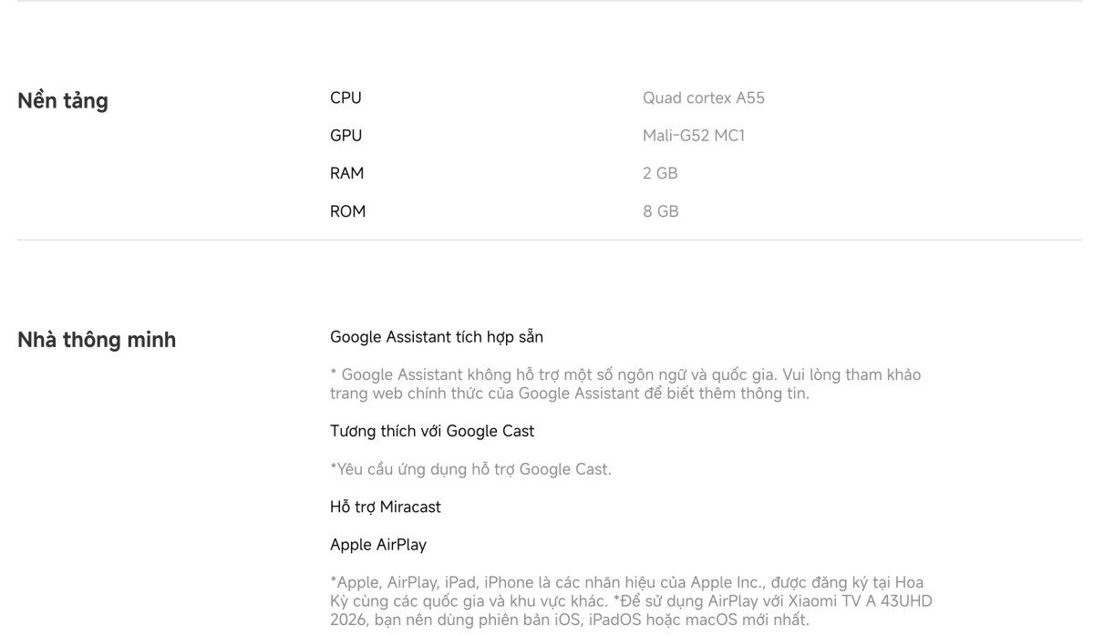 Tivi Xiaomi A 43 Inch – 2026 Bản Quốc Tế – 4K/60Hz – 2GB/8GB - Điện Máy Plus