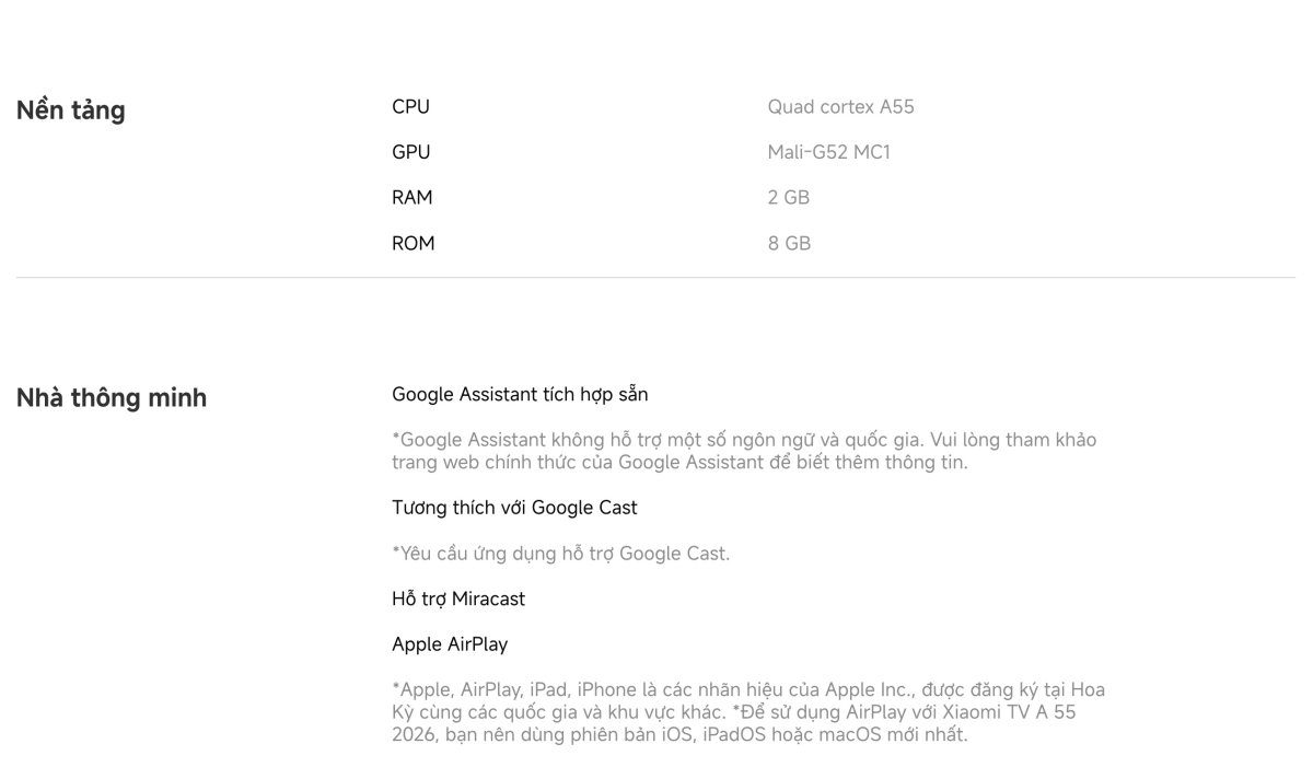 Tivi Xiaomi A 55 Inch – 2026 Bản Quốc Tế – 4K/60Hz – 2GB/8GB - Điện Máy Plus