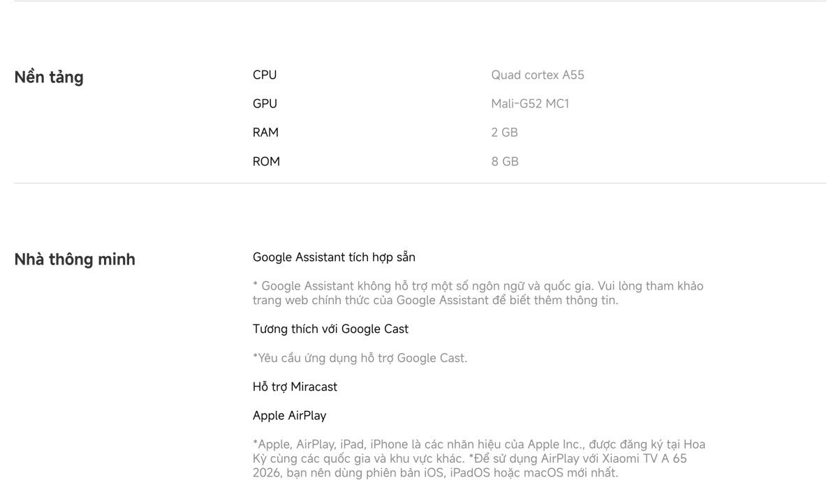 Tivi Xiaomi A 65 Inch – 2026 Bản Quốc Tế – 4K/60Hz – 2GB/8GB - Điện Máy Plus