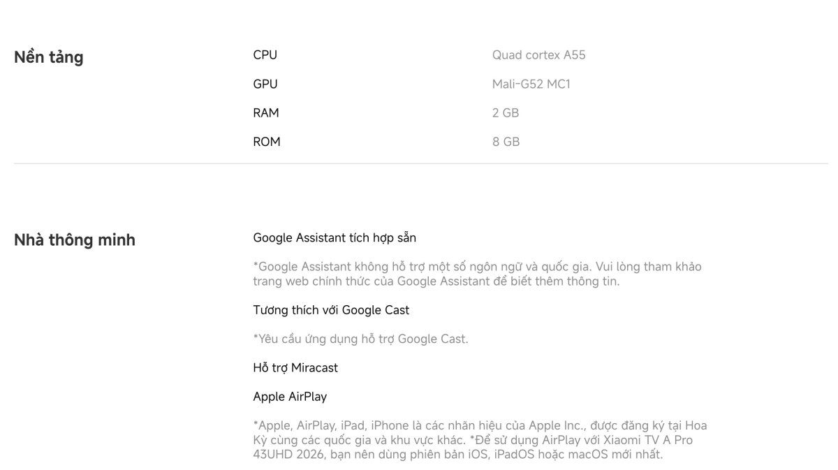 Tivi Xiaomi A Pro 43 Inch – 2026 Bản Quốc Tế – QLED 4K/60Hz – 2GB/8GB - Điện Máy Plus