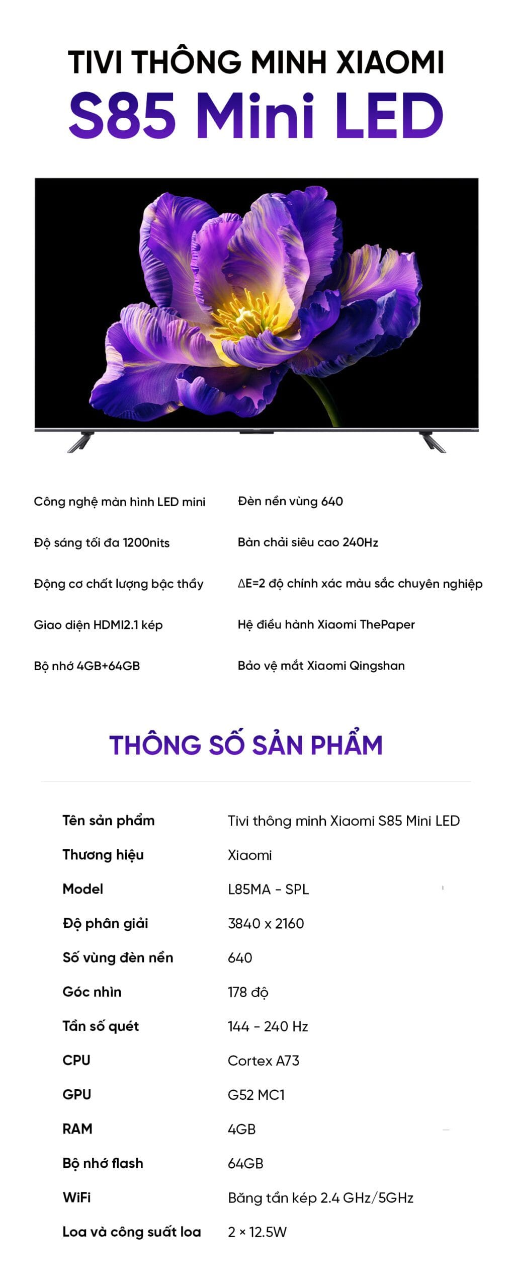 Tivi Xiaomi S 85 Mini LED 85 Inch 240Hz Ram 4/64GB - Điện Máy Plus