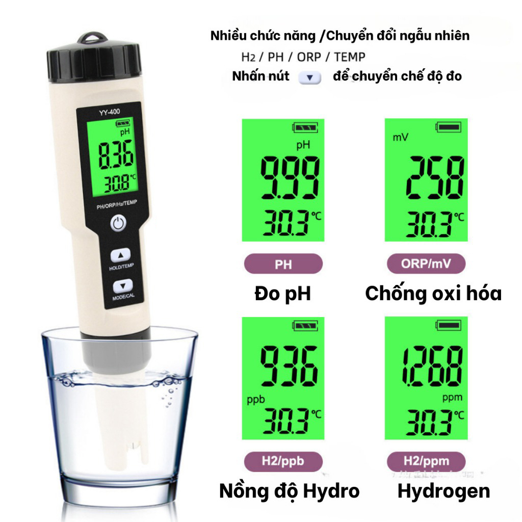 Bút đo nước ion kiềm Hydrogen đa năng 4IN1 dùng để đo pH/ORP/HYDRO/Nhiệt Độ chính hãng Bút đo nước ion kiềm Hydrogen đa năng 4IN1 dùng để đo pH/ORP/HYDRO/Nhiệt Độ - Điện Máy Plus