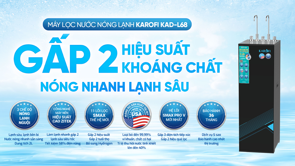 Máy lọc nước nóng lạnh Karofi KAD-L68 – 11 lõi Hydrogen- Mới 2025 chính hãng Máy lọc nước nóng lạnh Karofi KAD-L68 – 11 lõi Hydrogen- Mới 2025 - Điện Máy Plus