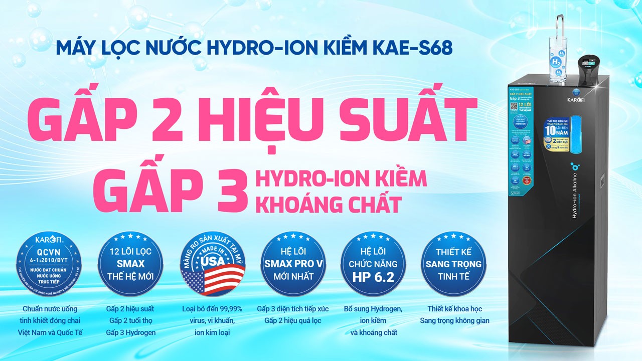 Máy lọc nước Hydro-ion kiềm Karofi KAE-S68 chính hãng Máy lọc nước Hydro-ion kiềm Karofi KAE-S68 - Điện Máy Plus