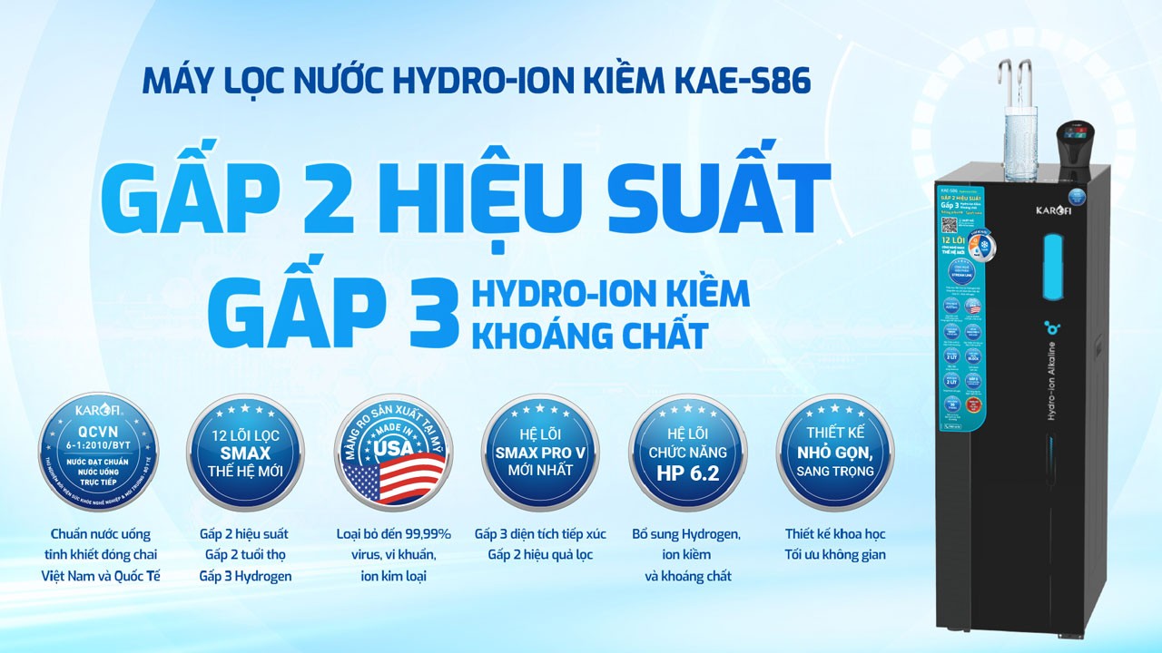 Máy lọc nước nóng lạnh Hydro-ion kiềm Karofi KAE-S86 -THÔNG MINH – CAO CẤP- NEW 2025 - Điện Máy Plus