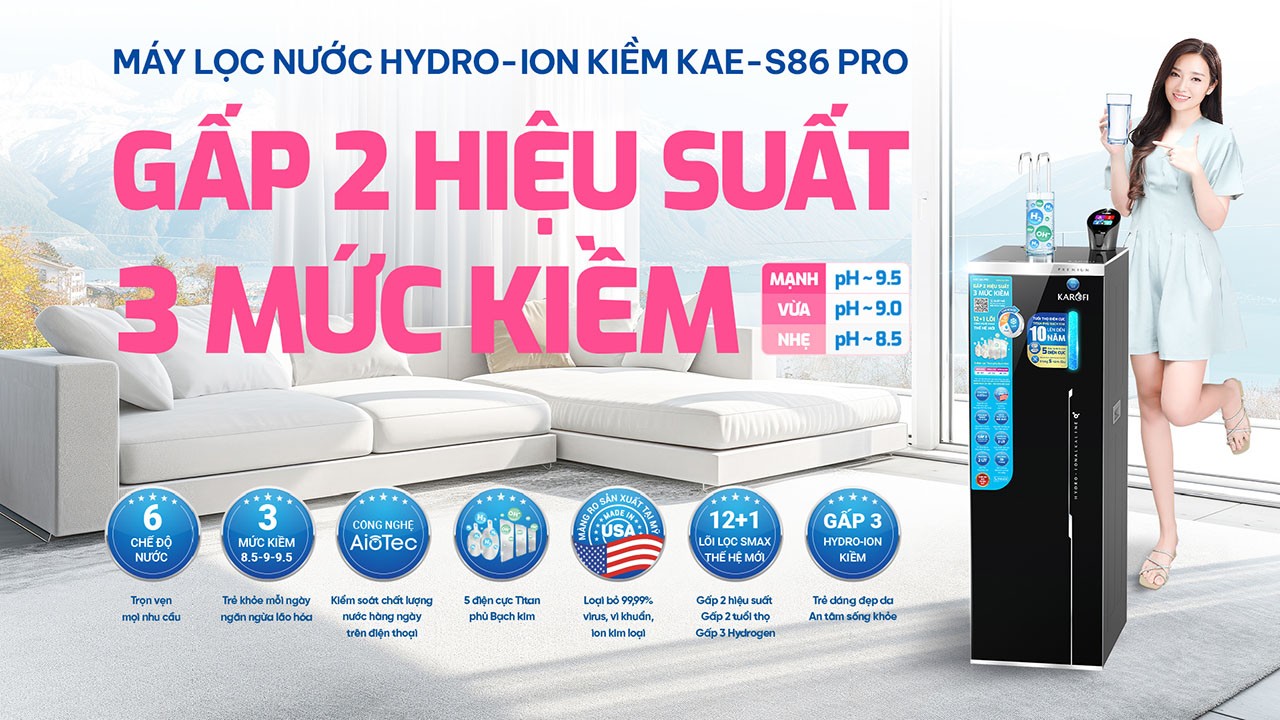 Máy lọc nước nóng lạnh Hydro-ion kiềm Karofi KAE-S86 PRO - Điện Máy Plus