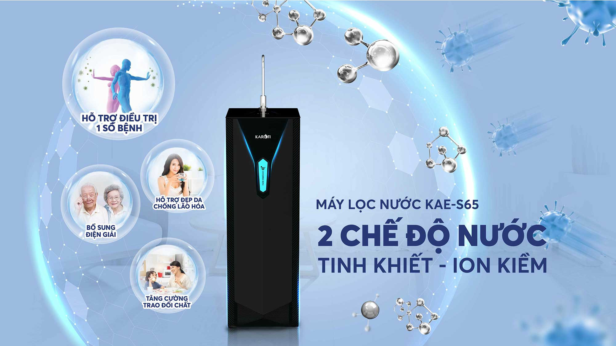 Máy lọc nước Hydro-ion kiềm Karofi KAE-S65 chính hãng Máy lọc nước Hydro-ion kiềm Karofi KAE-S65 - Điện Máy Plus