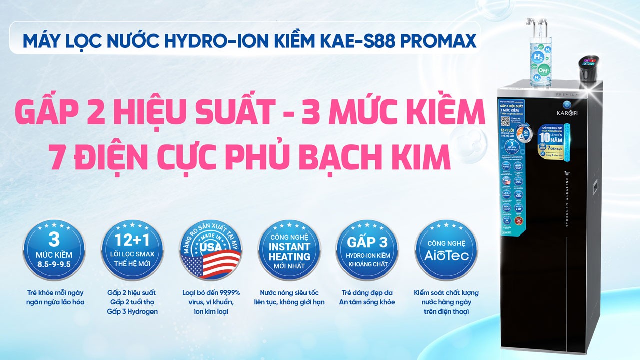 Máy lọc nước nóng lạnh Hydro-ion kiềm Karofi KAE-S88 PROMAX – THÔNG MINH – ĐIỀU KHIỂN GIỌNG NÓI- NEW 2025 - Điện Máy Plus