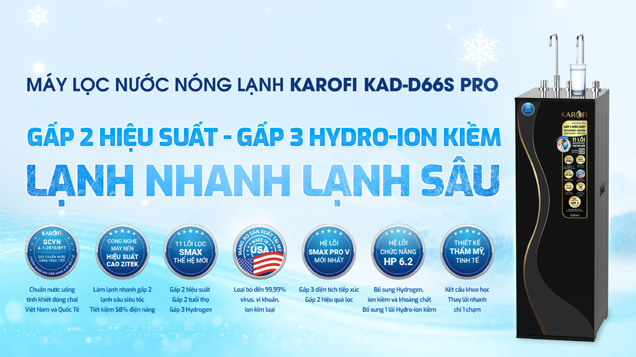 Máy lọc nước nóng lạnh Karofi KAD-D66S PRO – Hydrogen ion kiềm cao cấp – Mẫu mới 2025 - Điện Máy Plus