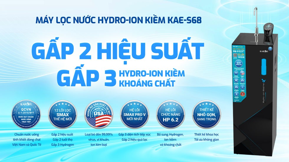 Máy lọc nước Hydro-ion kiềm Karofi KAE-S68 – THÔNG MINH – CAO CẤP – NEW 2025 chính hãng Máy lọc nước Hydro-ion kiềm Karofi KAE-S68 – THÔNG MINH – CAO CẤP – NEW 2025 - Điện Máy Plus