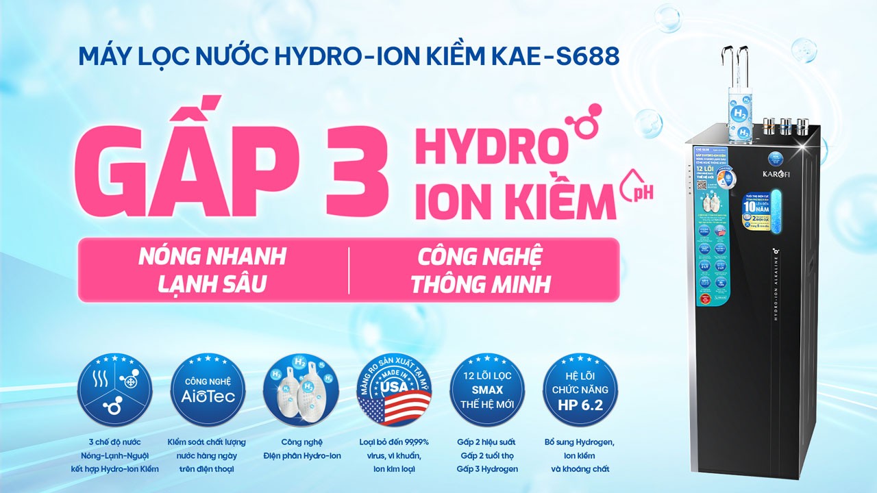 Máy lọc nước Hydro-ion kiềm nóng lạnh Karofi KAE-S688 chính hãng Máy lọc nước Hydro-ion kiềm nóng lạnh Karofi KAE-S688 - Điện Máy Plus